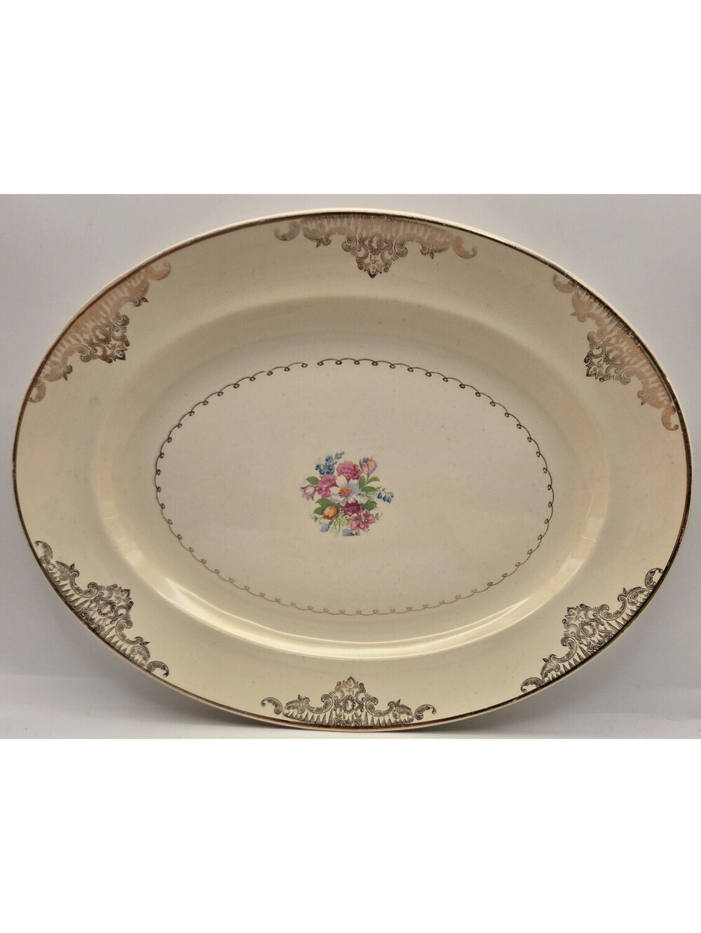 Vintage New Castle Pottery Co. Oval Serving Platter Floral Gold Scroll 13" USA